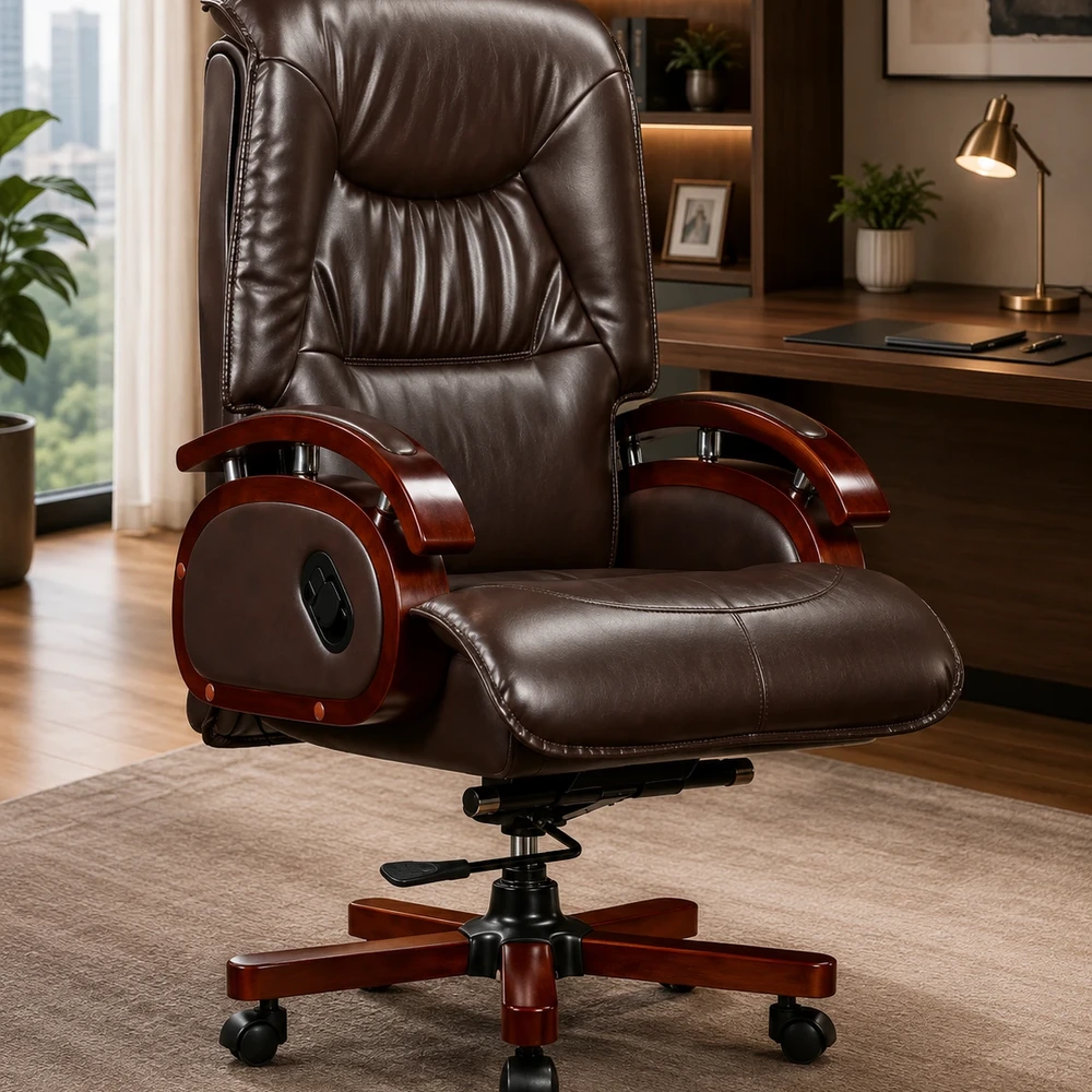 Ghế Giám Đốc Da Nâu Đỏ Ngả Lưng Tay Gỗ - GĐ03