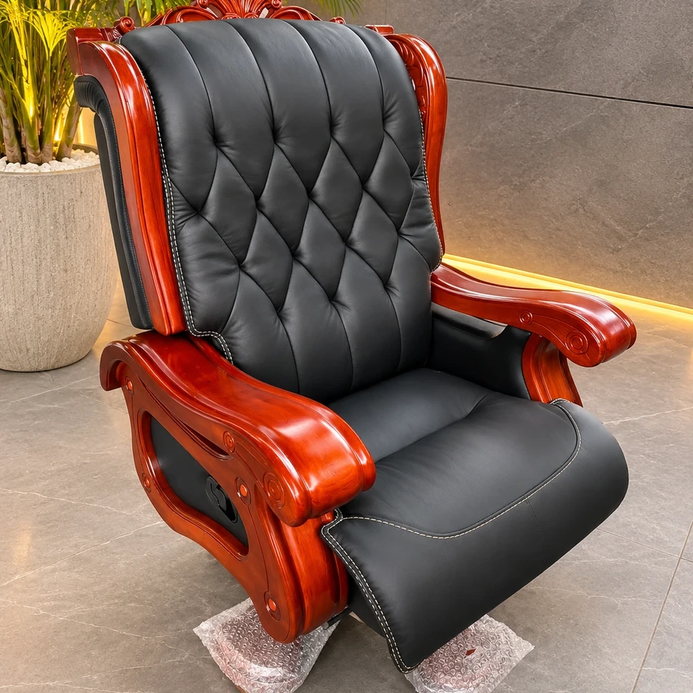 Ghế Giám Đốc Da Đen Tân Cổ Điển Khung Gỗ Chạm - GĐ08