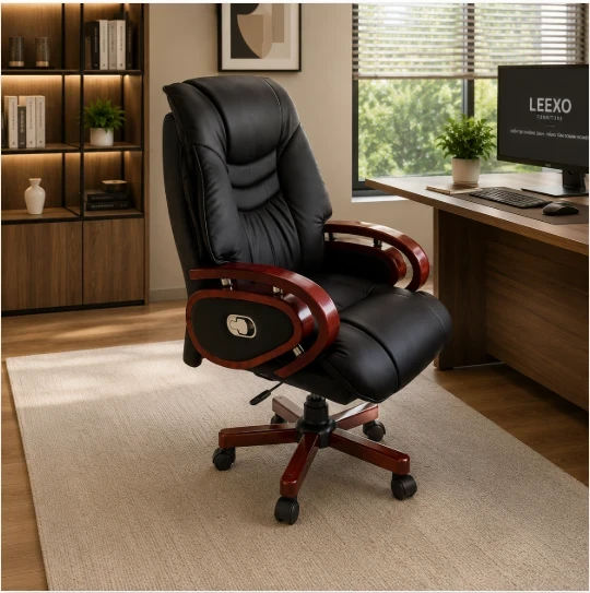Ghế Giám Đốc Da Nâu Tay Gỗ Tự Nhiên Cổ Điển - GGĐ54