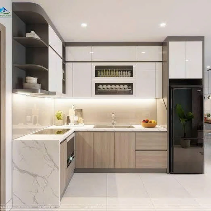 Tủ Bếp Hiện Đại Trắng Phối Vân Gỗ - TB09