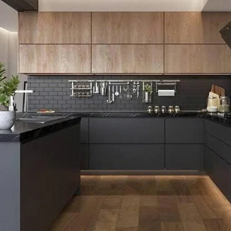 Tủ Bếp Hiện Đại Màu Xám Đen Phối Gỗ - TB15
